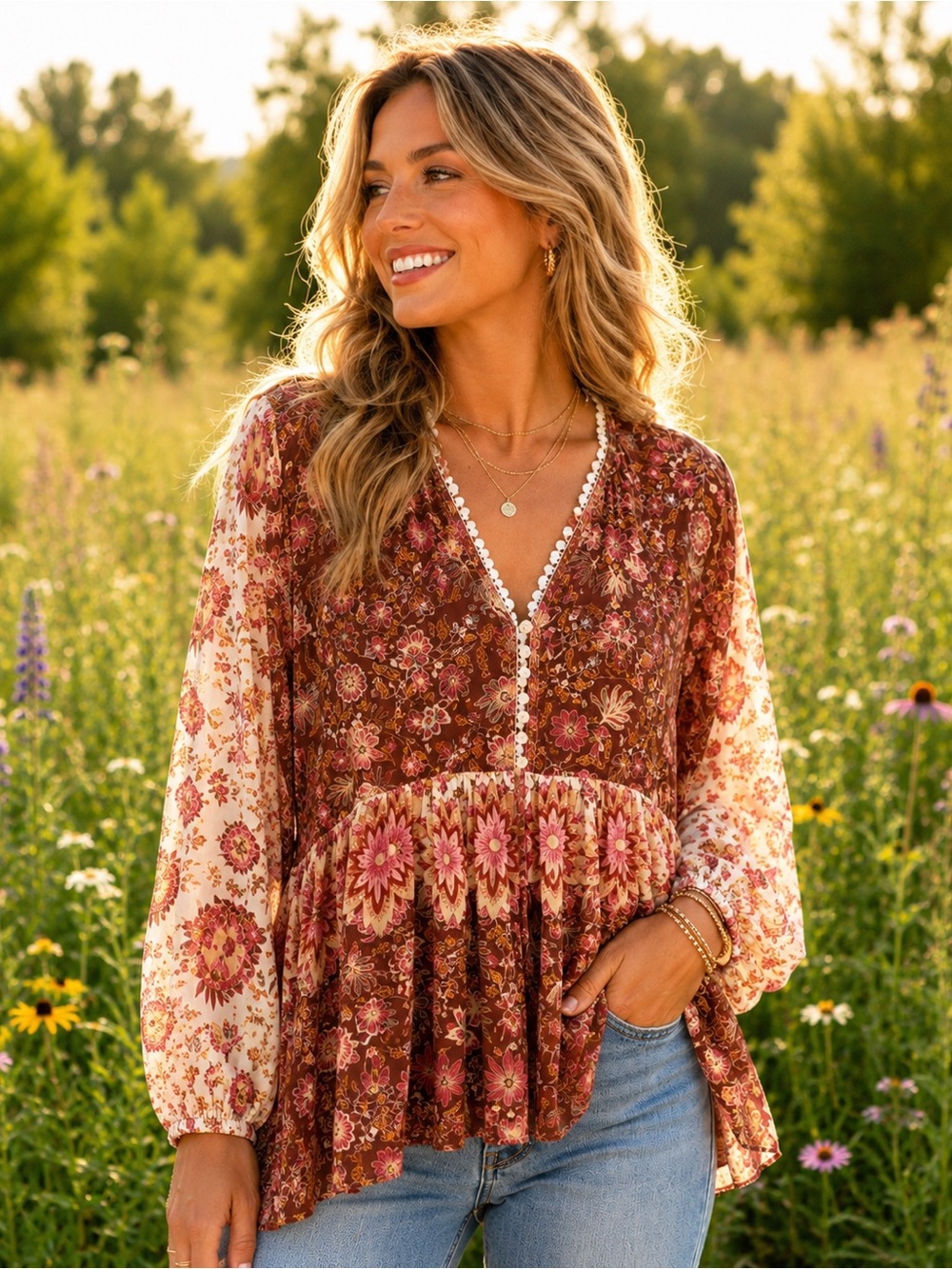 Jaase Oversized Peasant Top Boho Floral Dolman Sleeve Flattering Romantic Top